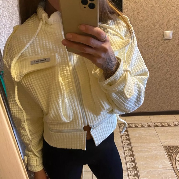 Jacket streetwear pockets cream white waffle fabric hip hop - Picture 7 of 11